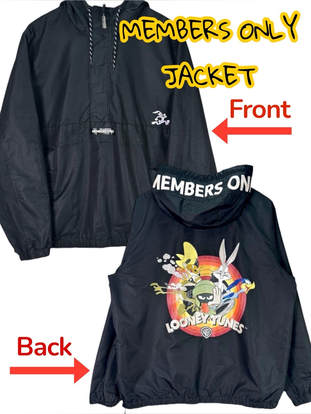 Members Only Looney Tunes Windbreaker Jacket XL Black Retro Cartoon Anorak